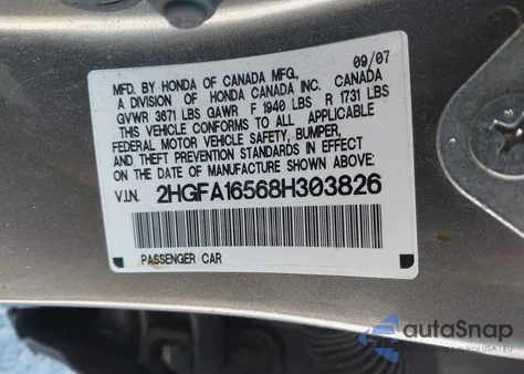 2008 Honda Civic Lx z USA, uszkodzony, nr VIN 2HGFA16568H303826